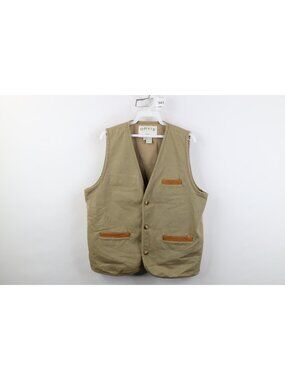 Vtg Orvis Mens Medium Leather Trim Twill Fly Fishing Vest Jacket Beige Cotton